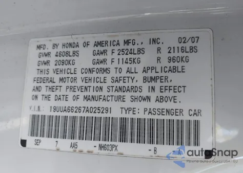 2007 Acura Tl 3.2 z USA, uszkodzony, nr VIN 19UUA66267A025291